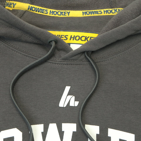 Gray hoodie with branding on the hood and drawstrings.
