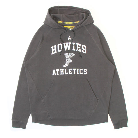 Gray hoodie with white 'Howies Athletics' text and a running foot with tape and wings